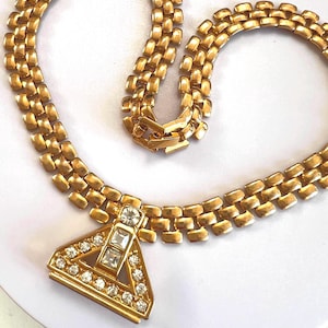 Vintage 1980s French Gold Plated  Necklace with Rhinestone pendant , Golden French Costume Jewellery