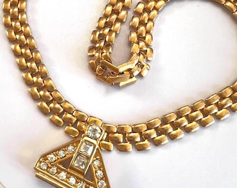 Vintage 1980s French Gold Plated  Necklace with Rhinestone pendant , Golden French Costume Jewellery