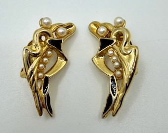 Vintage gouden clipoorbellen met zwart email en nepparels, mode-sieraden uit de jaren 80