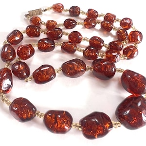 Vintage Caramel Venetian Gold Foil Murano Glass beaded Necklace with Handmade Italian glass  Art Deco style 1950s-60s
