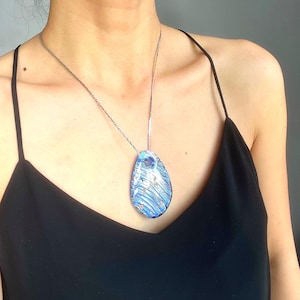 Vintage oversized blue Murano  Venetian Silver Foil  Glass pendant 925 silver chain necklace Made in Italy