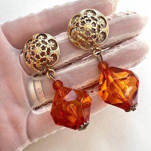 Vintage Gold and Orange  Pierced Dangling Earrings | 1990s Disco style