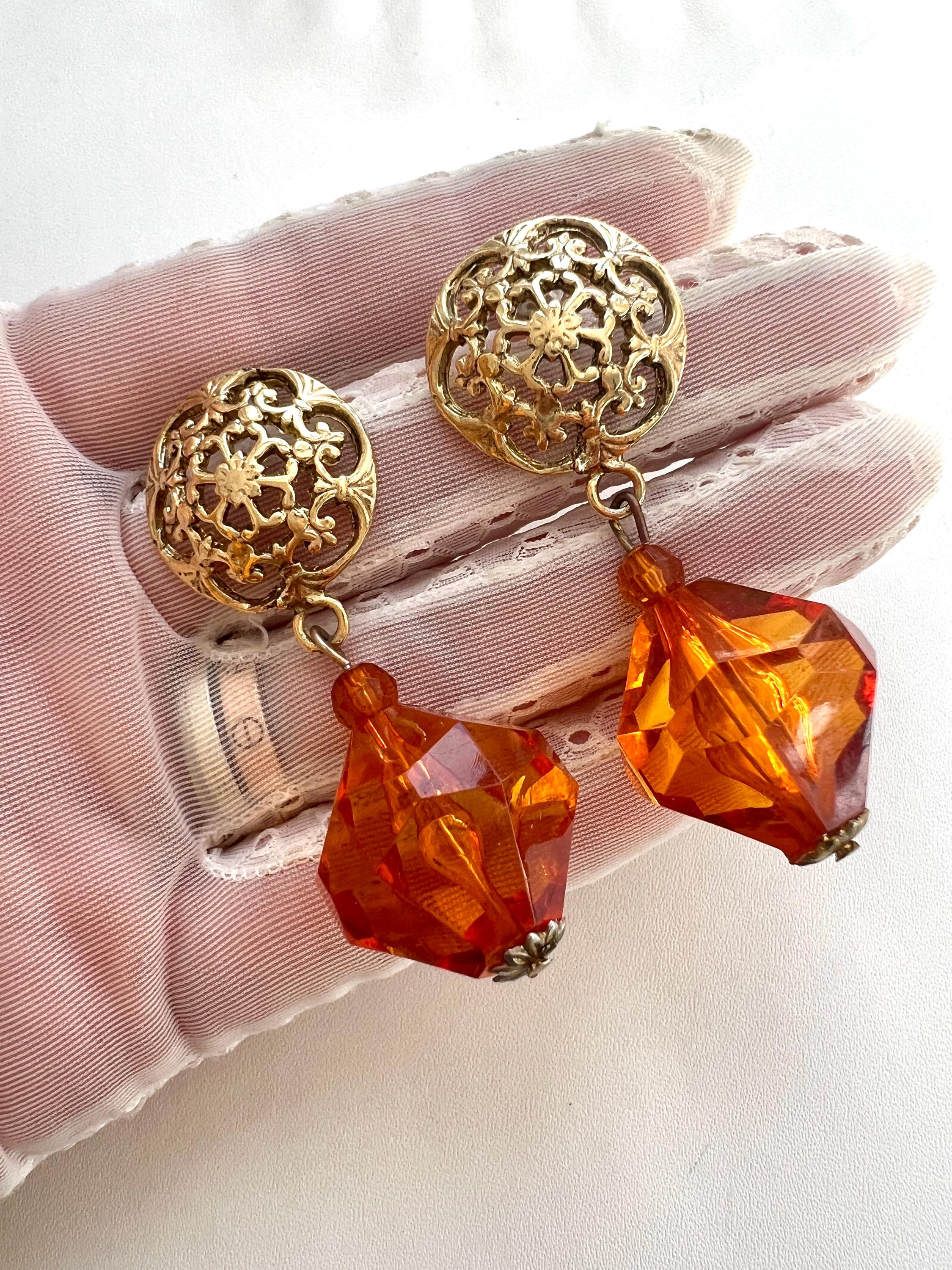 orange dress earrings Very Large Orange Crystal Flower Fringe Pageant Earrings on Gold