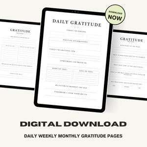 Diario de gratitud imprimible en PDF (descarga digital) / 5 páginas con indicaciones diarias, semanales y mensuales / Tamaño carta (A4, A5, EE. UU.) / Compatible con iPad y GoodNotes