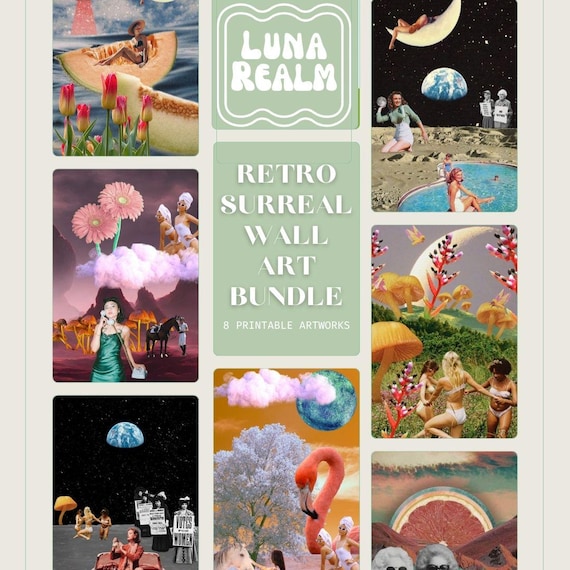 Retro Surreal Collage Bundle | Feminist, Cosmic, Mushroom Aesthetic Wall Art Printables | Vintage Digital Download Art Pack