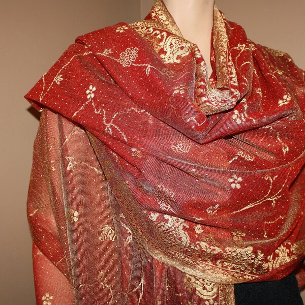 Vintage Long Shawl Wrap Lace Burgundy Red with Gold