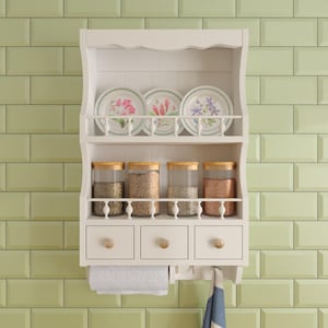 Mensola da parete in legno per cucina / Organizzatore per spezie, tazze, tè, caffè e tovaglioli di carta, Kitchen Regal / Porta spezie / Prodotto in Slovacchia, bianco
