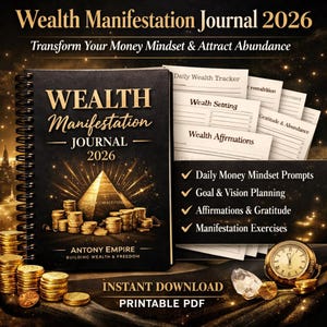 以下が含まれることがあります： 金色の文字とピラミッドのデザインが施された、黒い「Wealth Manifestation Journal 2026」。ジャーナルには、毎日のプロンプト、目標設定、アファメーション、エクササイズのためのセクションが含まれています。画像には、金貨、懐中時計、ダイヤモンドも表示されています。