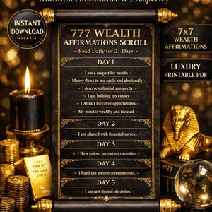 May include: A digital scroll with the text "777 Wealth Affirmations Scroll" and "Manifest Abundance & Prosperity." The scroll is black with gold accents, and includes affirmations for wealth, a candle, gold bars, and a golden sphinx statue.
