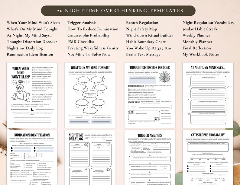 PLR Nighttime Overthinking Workbook for Commercial Use, Printable and Editable Template | Sleep Anxiety Journal