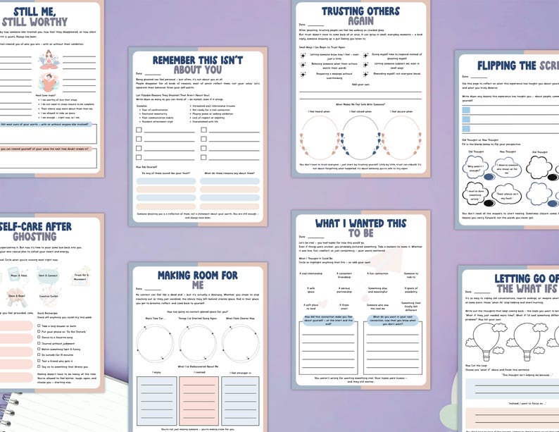 Puede incluir: Un conjunto de ocho p&aacute;ginas de diario con indicaciones y t&iacute;tulos como "Still Me, Still Worthy", "Remember This Isn't About You" y "Self-Care After Ghosting". Las p&aacute;ginas son en tonos pastel de azul, rosa y blanco.