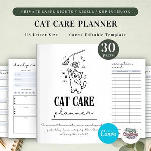 Planificador de cuidados para gatos con derechos de reventa (PLR) para uso comercial, plantilla imprimible y editable, planificador de mascotas, planificador para gatos, diario para gatos.