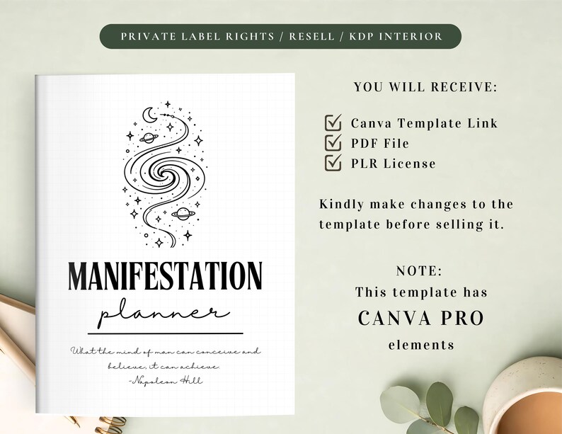 PLR Manifestation Planner for Commercial Use, Printable and Editable Template, Law of Attraction Journal, Vision Board