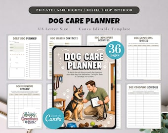 May include: A dog care planner with a Canva editable template. The planner includes sections for daily planning, contacts, enrichment activities, and symptom tracking. The cover features a man with a dog and the text "Dog Care Planner".
