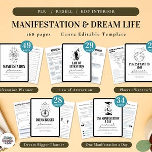 May include: A collection of digital planners with the title "Manifestation & Dream Life". The planners include "Manifestation Planner", "Law of Attraction", "Places I Want to Visit", "Dream Bigger Planner", and "One Manifestation a Day". The image also includes the text "Canva Editable Template".