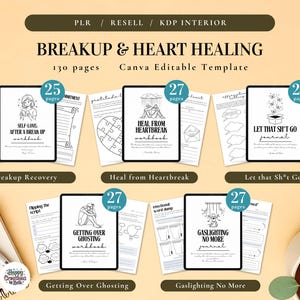 Puede incluir: Una colección de cuadernos digitales para la curación de rupturas y del corazón, con títulos como "Self-Love After a Break Up" y "Let That Sh*t Go Journal". La imagen muestra varios cuadernos con ilustraciones y texto, con un total de 130 páginas.