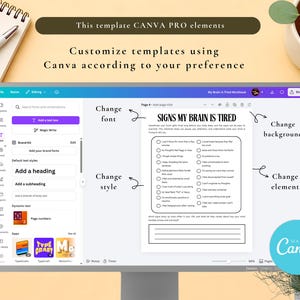 May include: A computer monitor displays a Canva template with the text "SIGNS MY BRAIN IS TIRED." The screen shows editing options and a checklist. The image includes a notepad, pen, and a small potted plant. Text on the screen says "Customize templates using Canva."