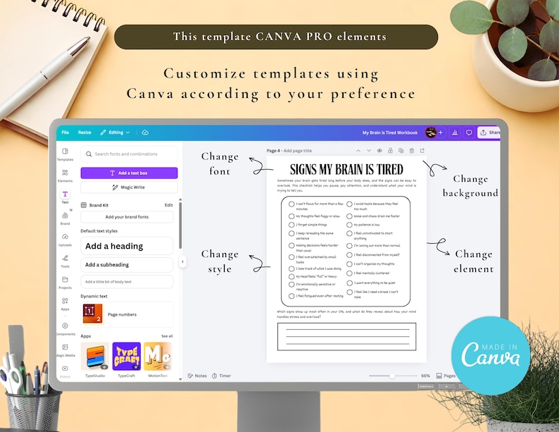 May include: A computer monitor displays a Canva template with the text "SIGNS MY BRAIN IS TIRED." The screen shows editing options and a checklist. The image includes a notepad, pen, and a small potted plant. Text on the screen says "Customize templates using Canva."