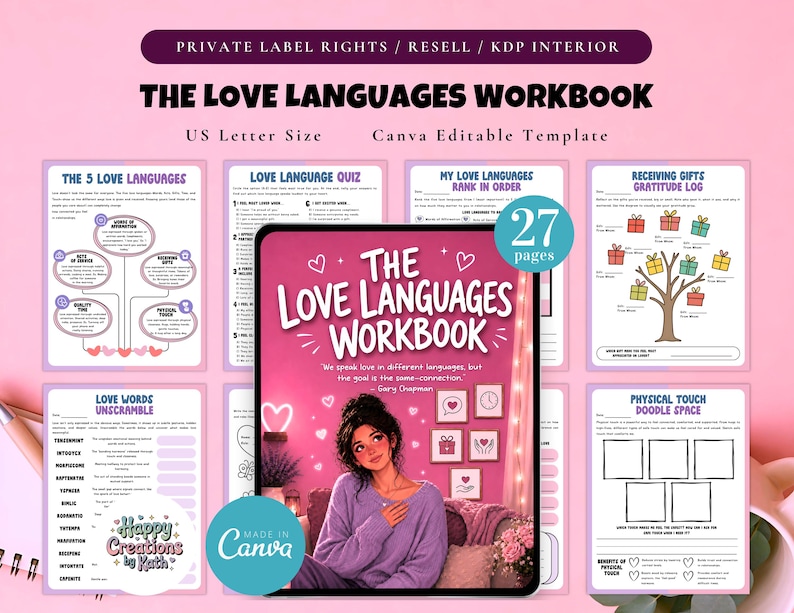 May include: A pink workbook titled "The Love Languages Workbook" with the text "US Letter Size" and "Canva Editable Template." The cover features a woman and the text "The Love Languages Workbook." Other pages include quizzes and exercises. The workbook has 27 pages.
