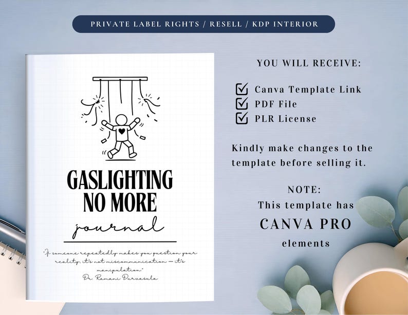 PLR Gaslighting No More Journal for Commercial Use, Printable and Editable Template, Emotional Recovery, Emotional Manipulation