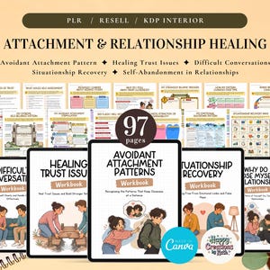 Puede incluir: Un conjunto de libros de trabajo digitales titulado Attachment & Relationship Healing, con 97 páginas sobre apego evitativo, problemas de confianza y sanación relacional, con ilustraciones y texto sobre un fondo de cuadrícula.