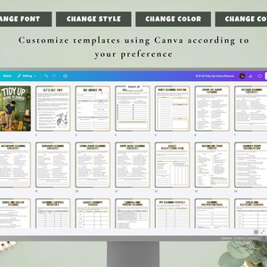 May include: A computer monitor displays a digital planner with various pages, including checklists and forms. The screen shows the text "TIDY UP HOME PLANNER" and "Customize templates using Canva according to your preference."