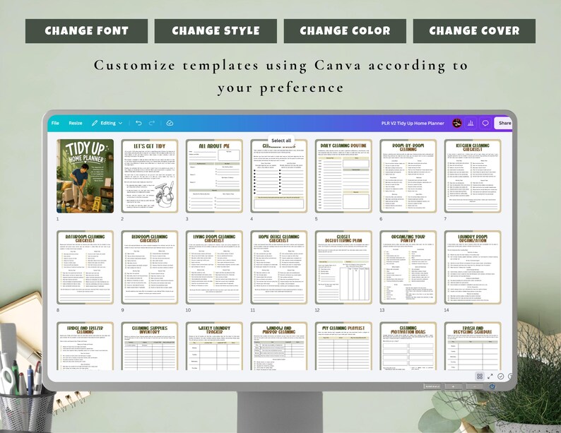 May include: A computer monitor displays a digital planner with various pages, including checklists and forms. The screen shows the text "TIDY UP HOME PLANNER" and "Customize templates using Canva according to your preference."