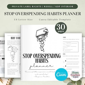 Può includere: Un planner intitolato "STOP OVERSPENDING HABITS" con una grafica di portafoglio e la citazione "Beware of little expenses a small leak sunk a great ship." Il planner è in formato US Letter e ha 30 pagine. La copertina è bianca con testo nero.
