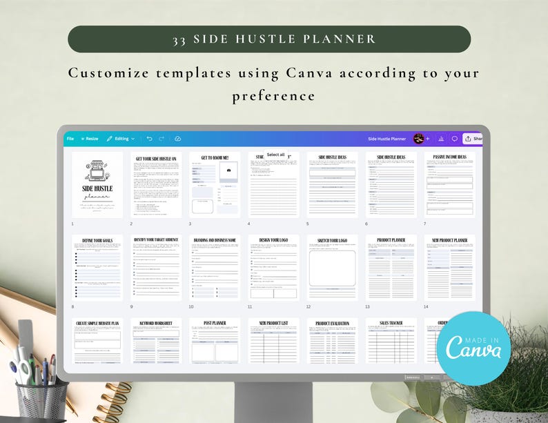 PLR Side Hustle Planner for Commercial Use, Printable and Editable Template, Business Planner, Small Business Planner, Marketing
