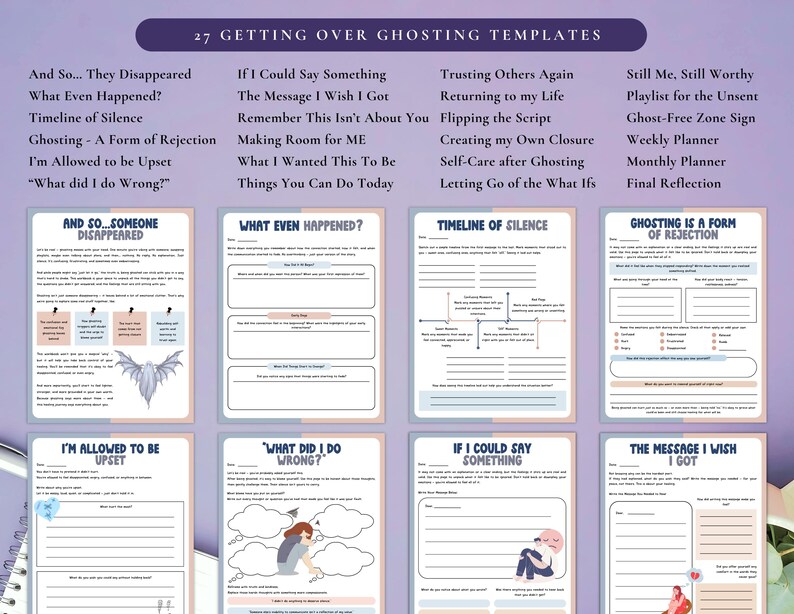 Puede incluir: Un conjunto de 27 plantillas para superar el ghosting, con t&iacute;tulos como "L&iacute;nea de tiempo del silencio" y "&iquest;Qu&eacute; pas&oacute;?". Las p&aacute;ginas tienen una combinaci&oacute;n de colores p&uacute;rpura y rosa, con ilustraciones y espacio para escribir.