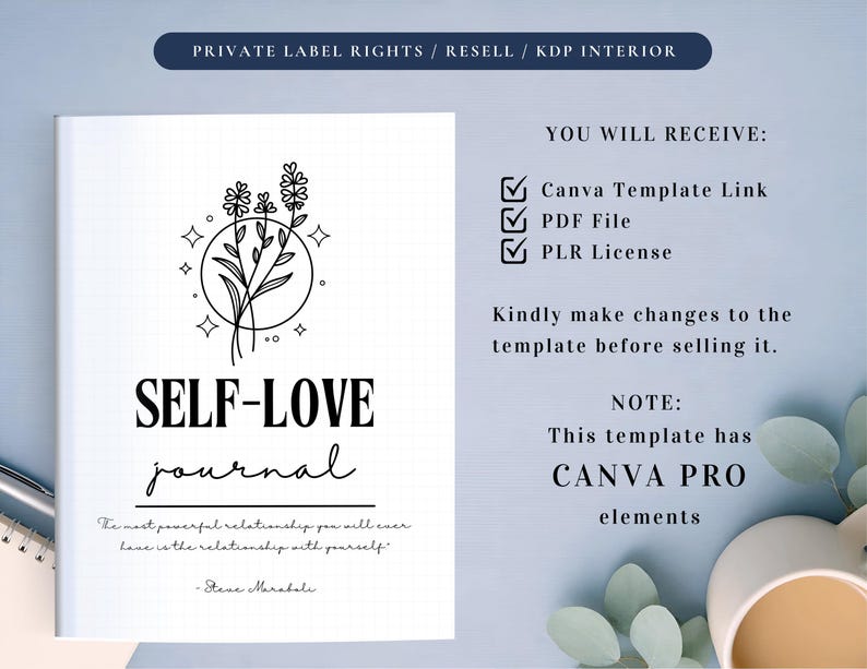 PLR Self-Love Journal for Commercial Use, Printable and Editable Template, Self-Care Journal, Affirmation Journal, Self-Love Plan