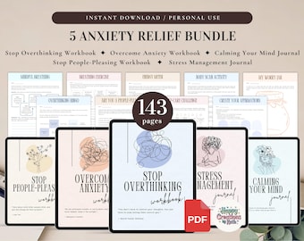 5 Anxiety Relief Bundle for Personal Use | PDF Printable and Digital Use | Stop Overthinking Workbook, Overcome Anxiety, Stress Management