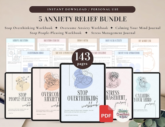 5 Anxiety Relief Bundle for Personal Use | PDF Printable and Digital Use | Stop Overthinking Workbook, Overcome Anxiety, Stress Management