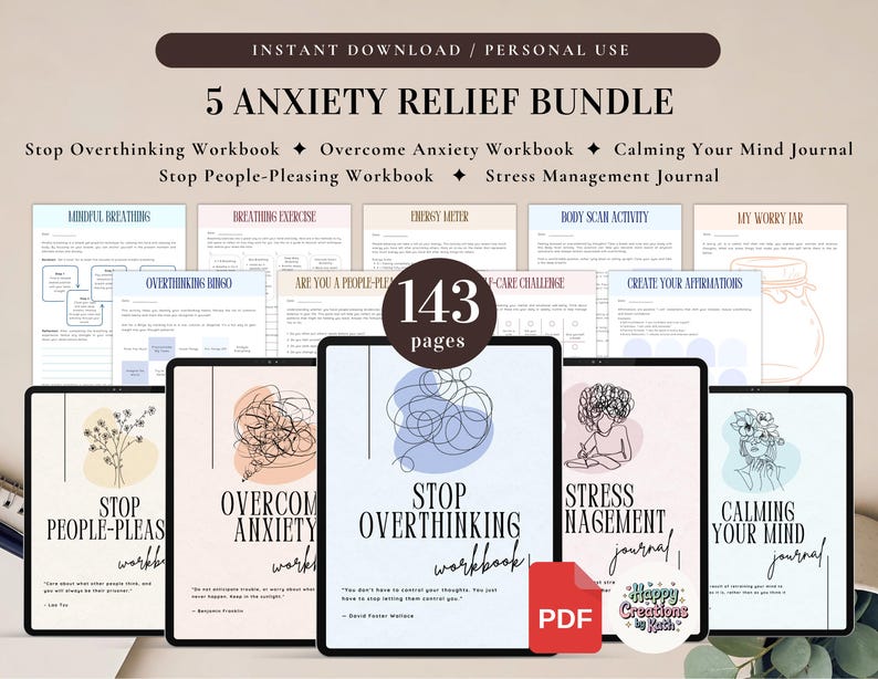 5 Anxiety Relief Bundle for Personal Use | PDF Printable and Digital Use | Stop Overthinking Workbook, Overcome Anxiety, Stress Management