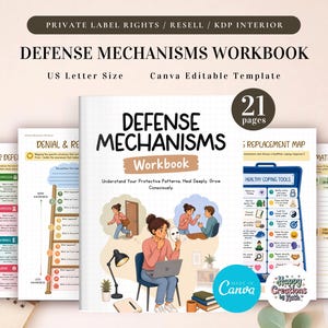 May include: A Defense Mechanisms workbook template with 21 pages in US Letter size. The cover features the title, illustrations of people, a desk lamp, and a laptop. Interior pages include charts, lists, and text about coping tools and patterns.