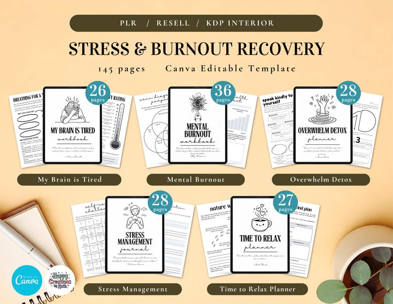 May include: A digital product display featuring a stress and burnout recovery Canva template. The image showcases several workbook covers with titles like "My Brain is Tired" and "Mental Burnout." The template includes 145 pages.