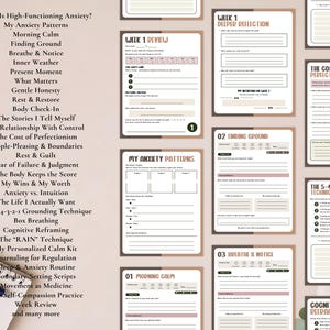 May include: A planner with various pages for mental health and self-care. The pages include prompts for reflection, grounding techniques, and managing anxiety. The planner's pages are in shades of beige, pink, and white, with black text.