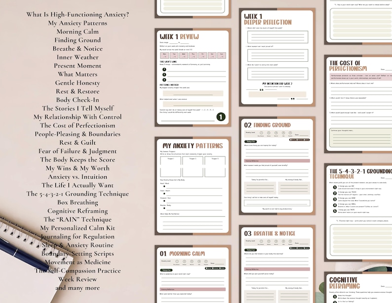 May include: A planner with various pages for mental health and self-care. The pages include prompts for reflection, grounding techniques, and managing anxiety. The planner's pages are in shades of beige, pink, and white, with black text.