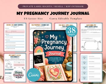 May include: A pink and white pregnancy journal with the title "My Pregnancy Journey Journal" and the text "US Letter Size Canva Editable Template". The journal includes pages for recording milestones and memories, with a cover featuring a heart and floral design.