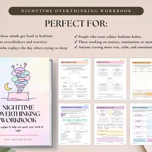 May include: A Nighttime Overthinking Workbook with a pastel cover featuring a pillow and swirling lines. The workbook includes internal pages titled Breath Regulation, Night Safety Map, Habit Boundary Chart, Wind-Down Ritual Builder, and Brain Text Message.