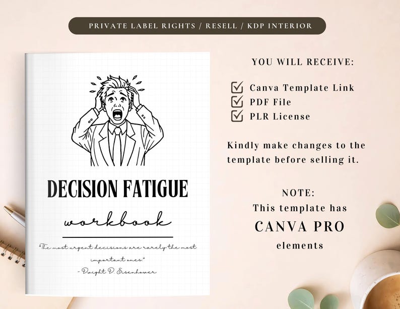PLR Decision Fatigue Workbook for Commercial Use, Printable and Editable Template, Daily Decision Log, Decision-Making Planner