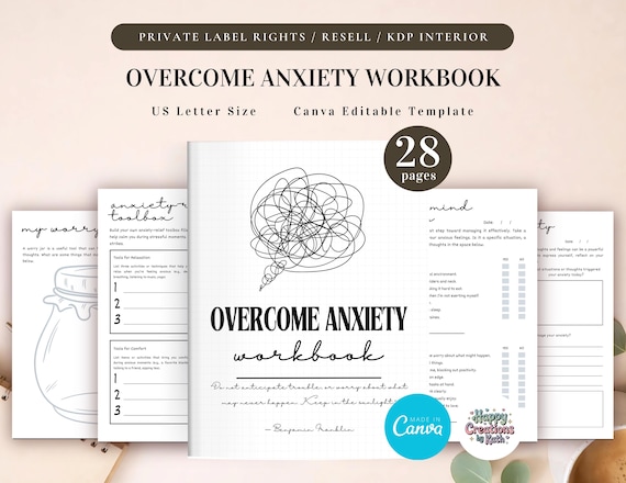 PLR Overcome Anxiety Workbook for Commercial Use, Printable and Canva Editable Template, Anxiety Management Workbook