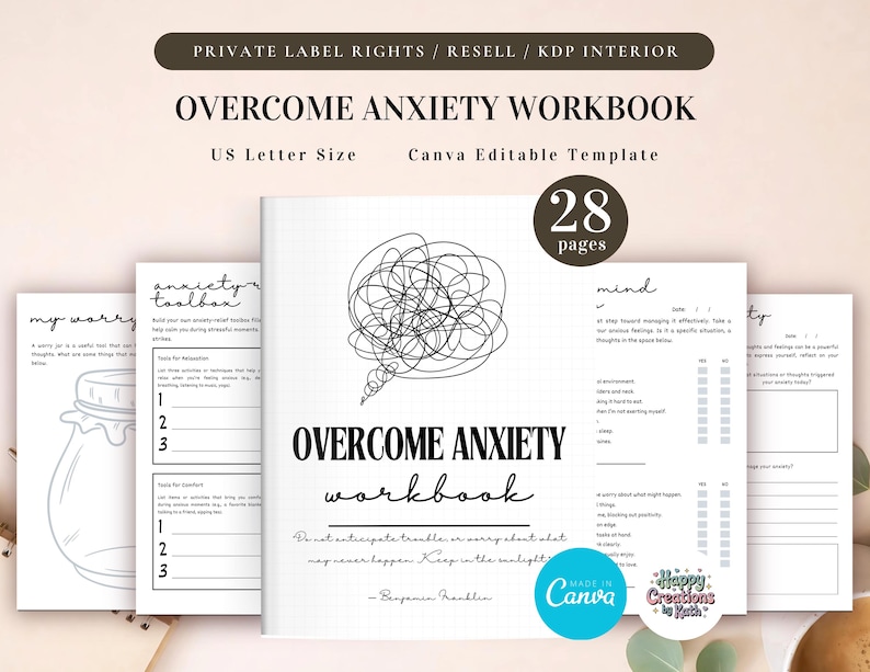 PLR Overcome Anxiety Workbook for Commercial Use, Printable and Canva Editable Template, Anxiety Management Workbook