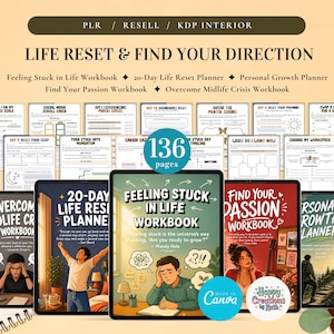 Puede incluir: Una colección digital de libros de trabajo y planificadores de 136 páginas titulada Life Reset & Find Your Direction, que incluye Feeling Stuck in Life, 20-Day Life Reset, Personal Growth, Find Your Passion y Overcome Midlife Crisis con portadas.