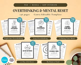 PLR Overthinking and Mental Reset Bundle | Canva Editable Templates | PDF Printable | Mental Health Workbook, Self-Help Templates