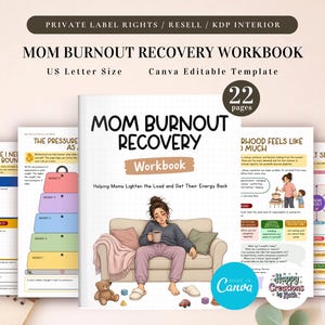 Könnte beinhalten: Eine Mom Burnout Recovery Arbeitsbuch-Vorlage mit 22 Seiten im US-Letter-Format. Das Cover zeigt eine Illustration einer Person, die auf einem Sofa sitzt und eine Tasse hält, mit dem Text Mom Burnout Recovery Workbook und Helping Moms Lighten the Load.
