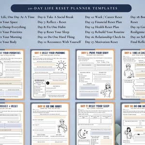Op de afbeelding: Een set van 20-daagse life reset planner templates. Elke template richt zich op een andere dagelijkse focus, zoals het opruimen van de ruimte, het resetten van prioriteiten of het nemen van een sociale pauze. De templates zijn minimalistisch.