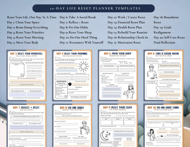 Op de afbeelding: Een set van 20-daagse life reset planner templates. Elke template richt zich op een andere dagelijkse focus, zoals het opruimen van de ruimte, het resetten van prioriteiten of het nemen van een sociale pauze. De templates zijn minimalistisch.