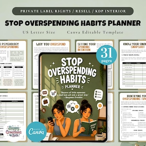 May include: A planner titled "Stop Overspending Habits Planner" with a green cover featuring illustrations of women and text. The planner includes pages on financial planning, setting intentions, and identifying triggers. The text includes "US Letter Size" and "Canva Editable Template".