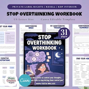 PLR / Reventa Cuaderno de trabajo para dejar de pensar demasiado, plantilla imprimible y editable, ordena tu mente, cuaderno de trabajo para la ansiedad, diario de salud mental